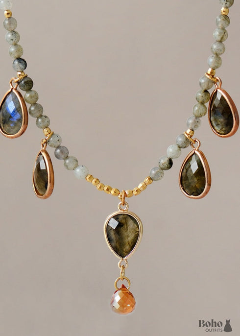 Boho Necklace, Labradorite, Rhinestone